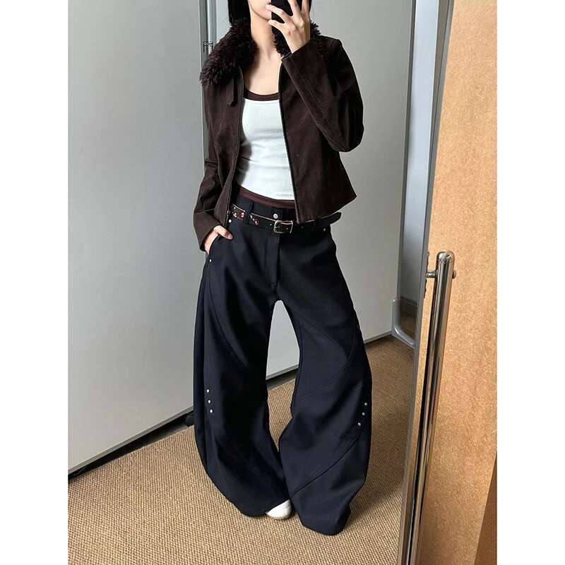 Drapey Black Suit Pants For Women High-End Design Loose Versatile Wide-Leg Casual Trousers High Street Haruku Mopping Hip Hop