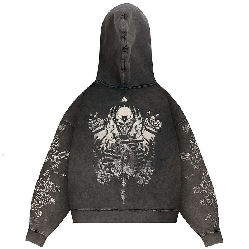 Imprinted Warrior Sword Wind Legend Berserk Anime Cartoon Washed Outdated Hoodie Jacket