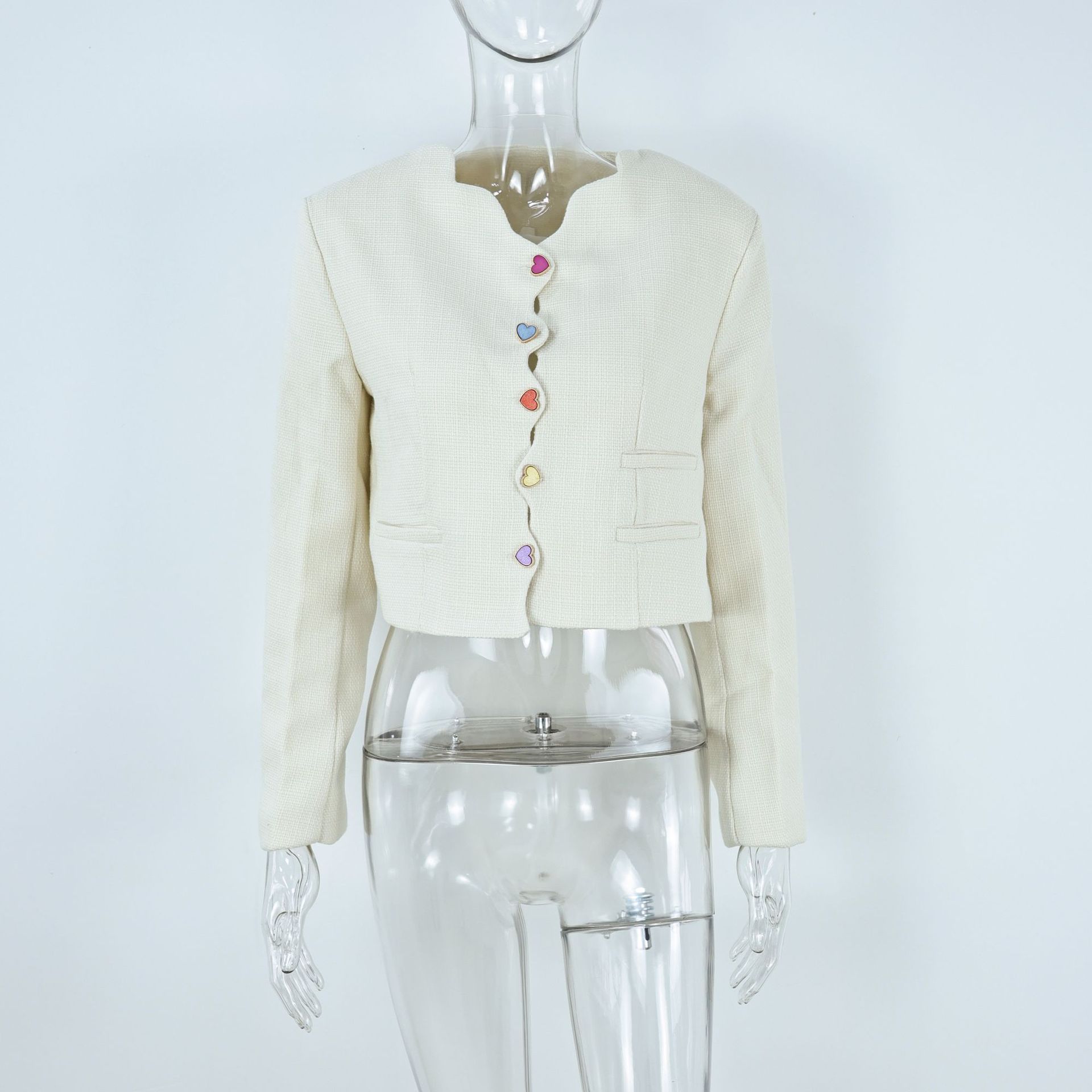 2025 Cross border Europe and America New Multi color Love Button Short Spring and Autumn Round Neck Coat 240903