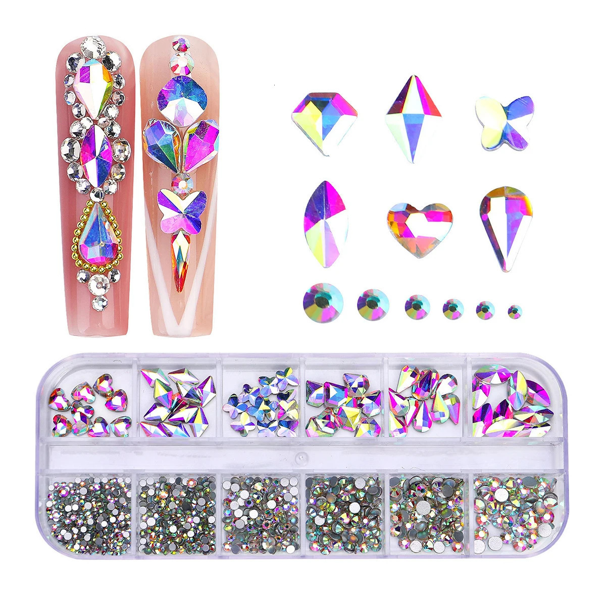 12 grid 1 box of transparent plating bottom nail water diamond heart drop and other size mixed flat 250217