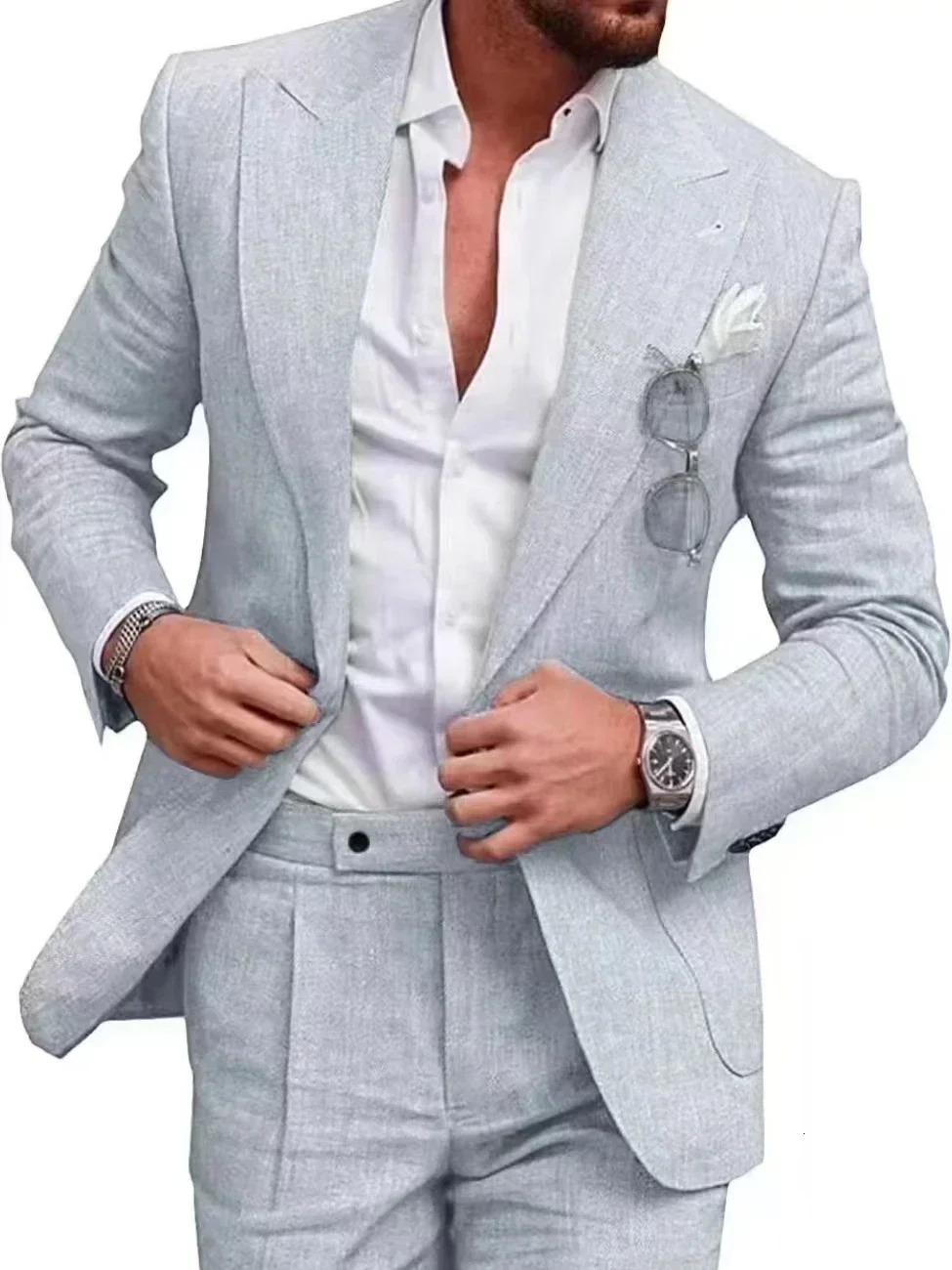 Summer Beach Party Attire single button two-piece sports jacket regular set elegant mens wear suitable for groom linen set 250224