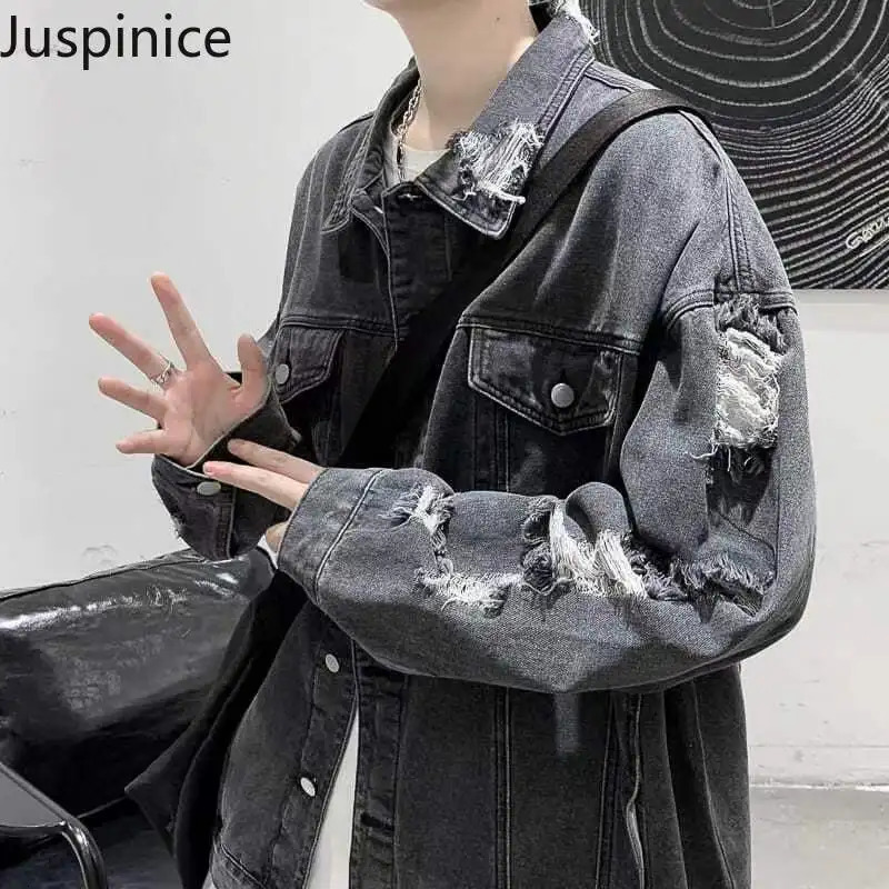 Spring Autumn Ripped Denim Jackets Mens Causal Loose Oversize Handsome High Street Overcoat Men Tops Male Clothes 250225