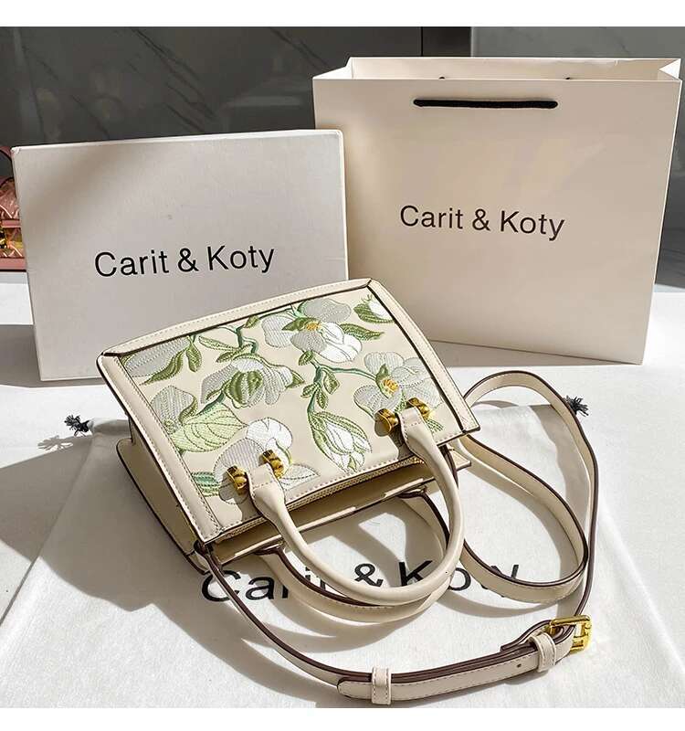 High Quality Textured Leather Embroidered Ral Square Fashion Women's Handbag Lady Purse Female Shoulder Messenger Bag