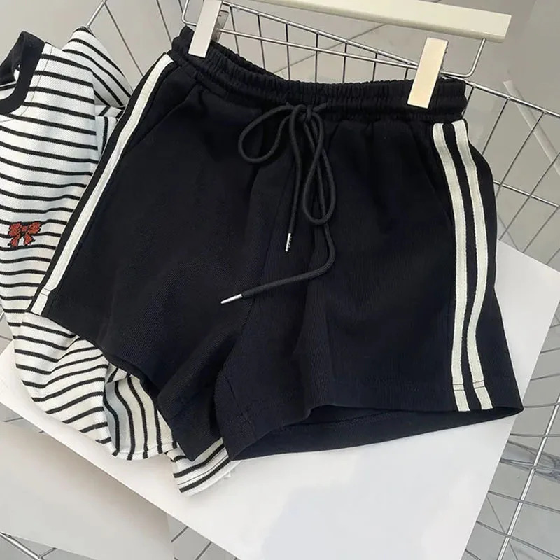 Stripe Sports Shorts Women Y2K Summer High Waist Loose Casual Jogging Shorts Bf Korean Streetwear All-Match Knee-Length Shorts 250226