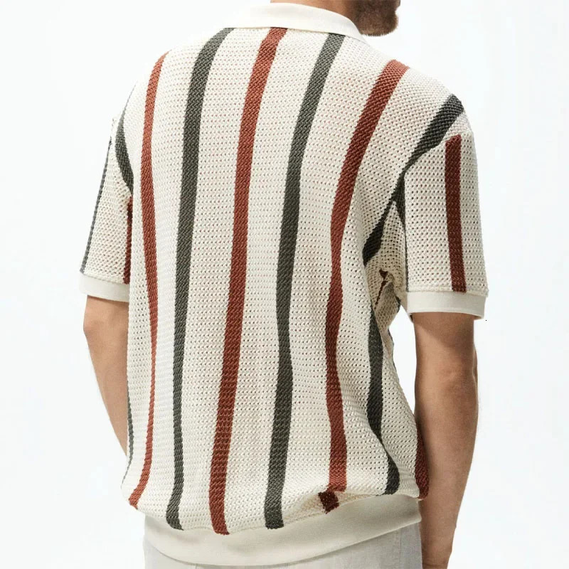 Mens sexy perspective knitted shirt with breathable hollow stripes summer mens thin jacket mens clothing Hawaiian top 250224