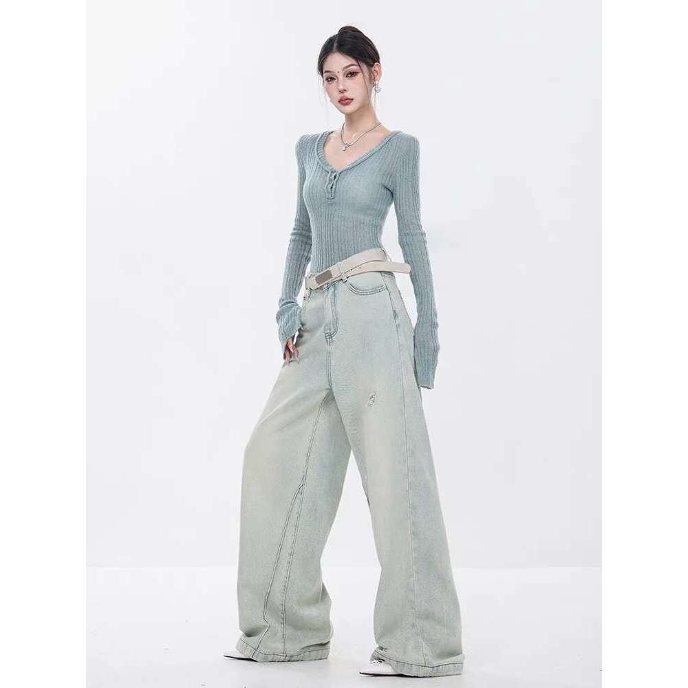 WCFCX STUDIO 2024 Women Vintage Ripped Jeans Baggy High Waist Cowboy Pants Y2k Haruku Casual Straight Denim Trousers