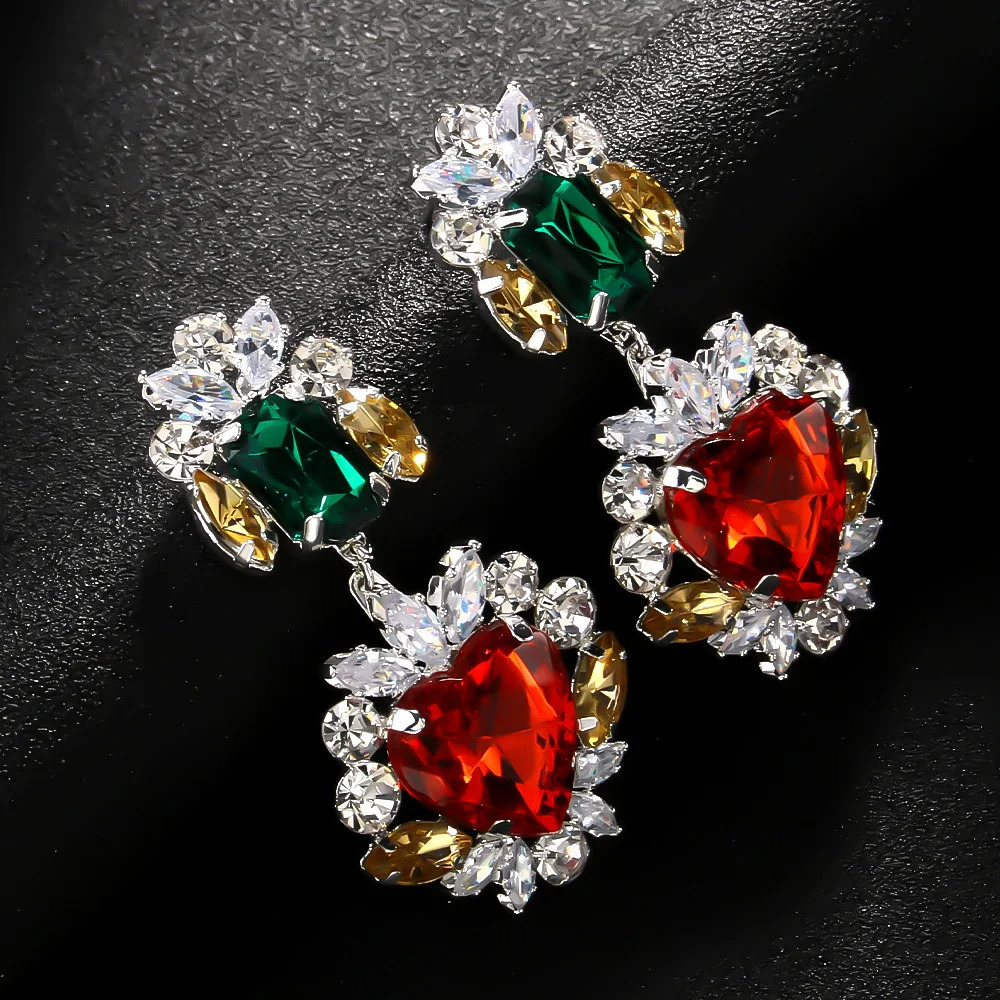 Stonefans Greeen and Red Crystal Heart Dangle Earrings for Women Statement Large Earrings Multicolour Bridal Wedding Ear Jewelry 250225