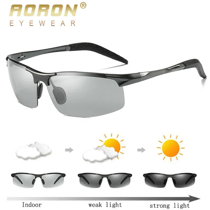 AORON Men Pochromic Polarized Sunglasses Aluminum Frame UV400 Sun Glasses Male Eyewear Driving Goggles 250221
