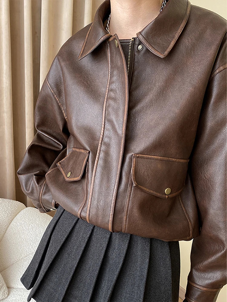 Vintage Maillard Leather Jacket Silhouette Craft PU Leather Motorcycle Jacket Top Women Loose Thickened Brown Coat Spring Autumn 250225