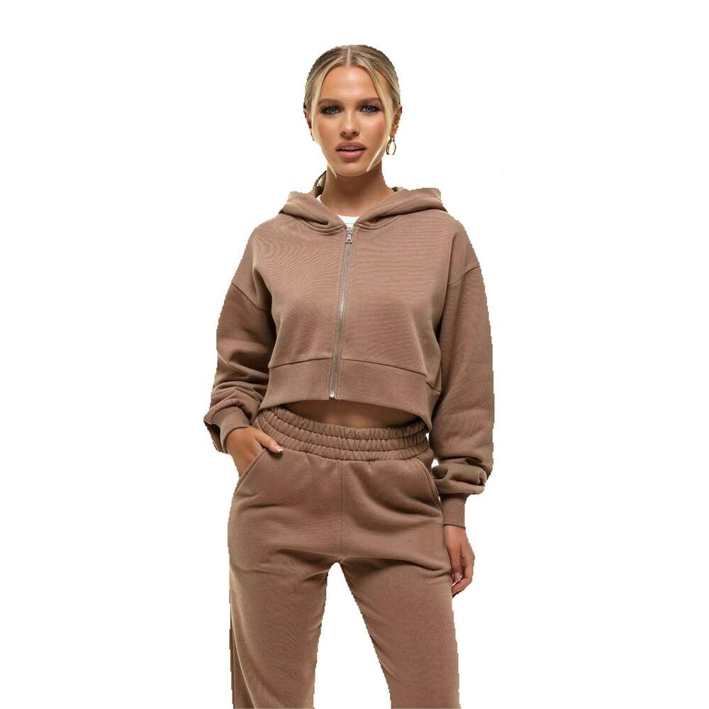 Cotton Korean Trendy Cropped Tan Zip Hoodie Women Soft Knitting Fabric Ribbed Hem For Casual Streetwear Outfits In Winter