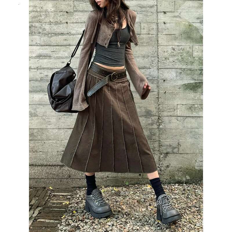 Women's A-E Denim Pleated Vintage 90S Aesthetic Y2k Long Jean Skirt Haruku Korean Cowboy Skirts 2000S Clothes Autumn