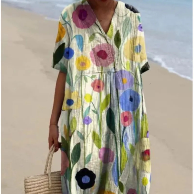 Women Floral Print Summer Maxi Dresses Colorful V Neck Short Sleeve Casual Loose Vacation Workout Beachwear Dress Robe Traf 250225