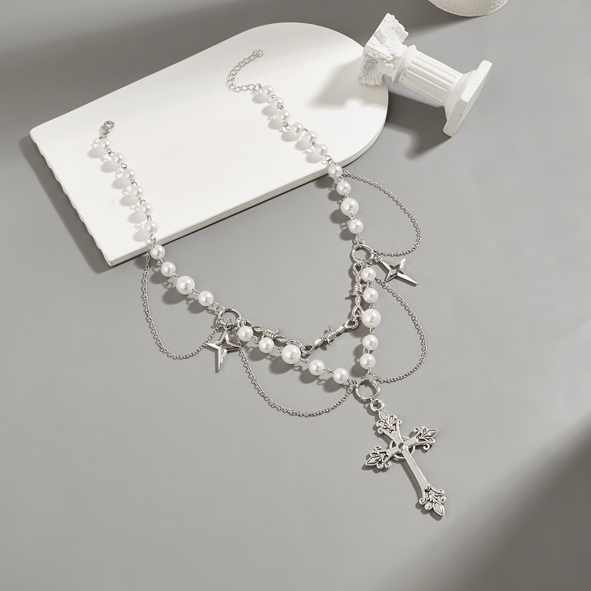Faux pearl tassel cross hundred with fashion necklace Europe and the United States jewelry niche design spicy girl