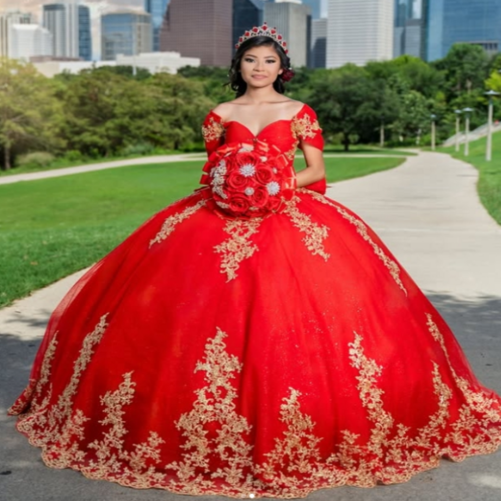 Luxury Red And Gold Quinceanera Dresses 2025 Puffy Ball Gown Cap Sleeve Vestidos De 15 Anos Elegant Debutante Sweet 16 Dress Formal Birthday Party Dre