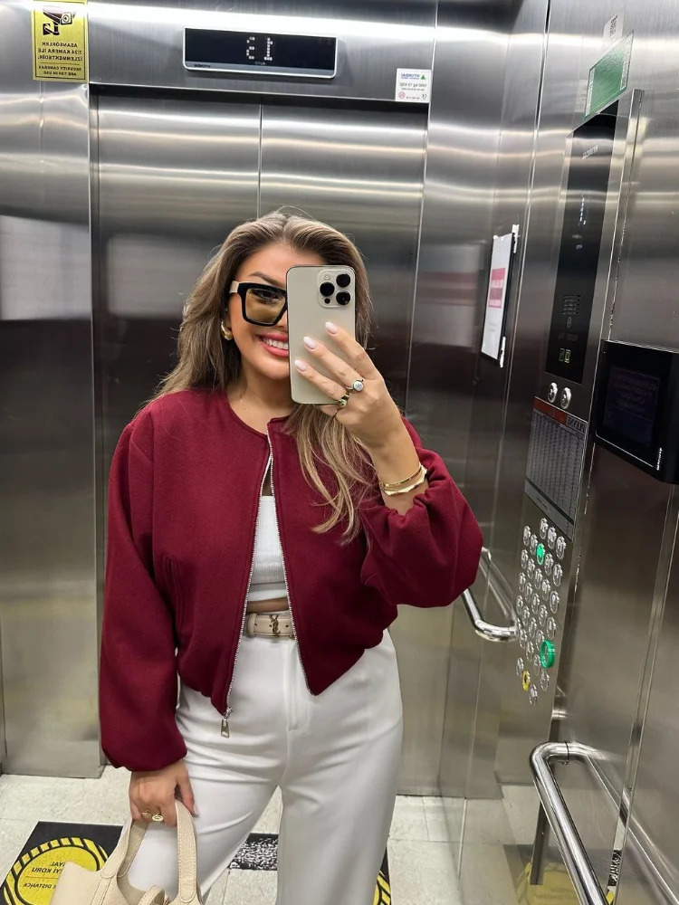 Casual Burgundy Red Mini Jacket Women Loose Solid O Neck Full Sleeve Zipper Pocket Female Coat 2024 Autumn Thicken Lady Outwear 250225