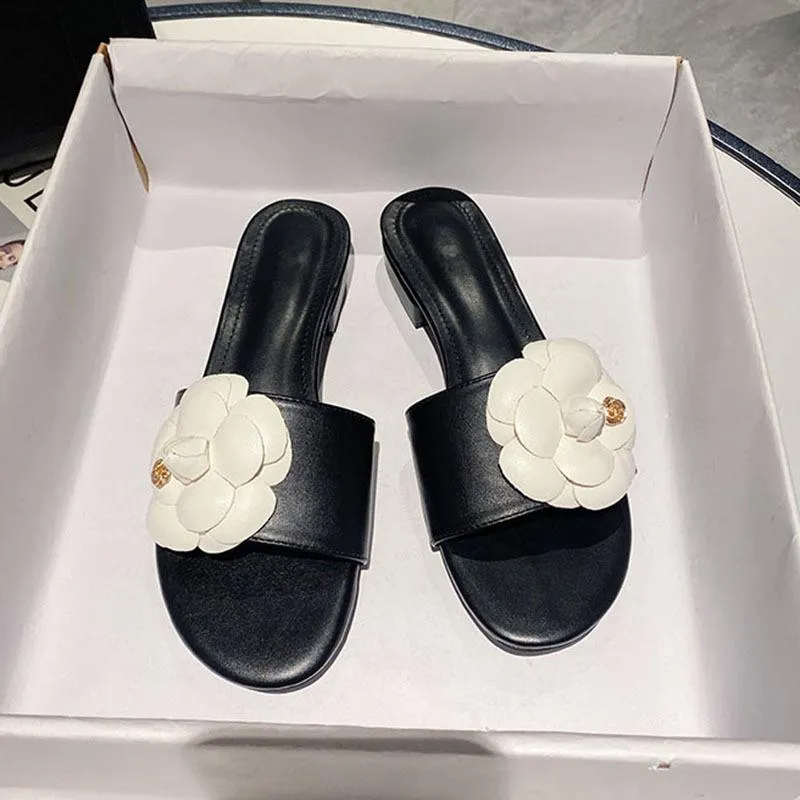 Chic Low-Heeled Ladies' Summer Footwear with Metal Floral Details Designer Camellia Sliders