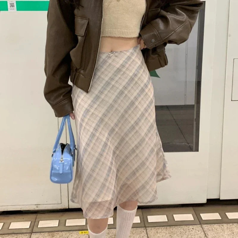 Deeptown Plaid Skirt Vintage Women Elegant Sweet Korean Style Mid Skirt Y2k Harajuku fashion A-line summer Aesthetics Skirts 250225