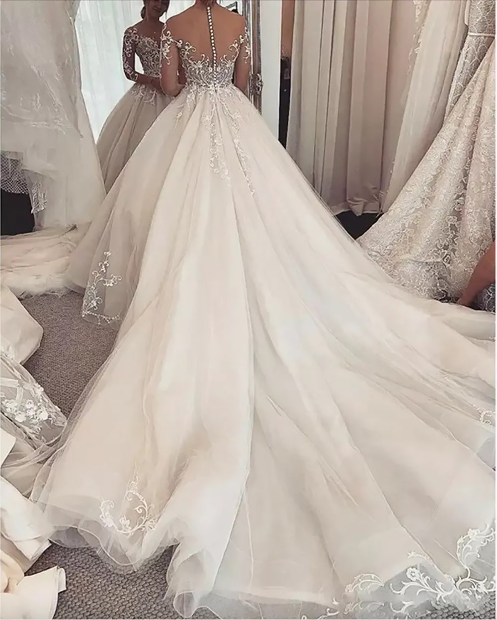 A-Line Wedding Dresses Bridal Gown A Line Beaded Crystals Jewel Sheer Neck 3D Floral Applique Lace Tulle Sweep Train Long Sleeves