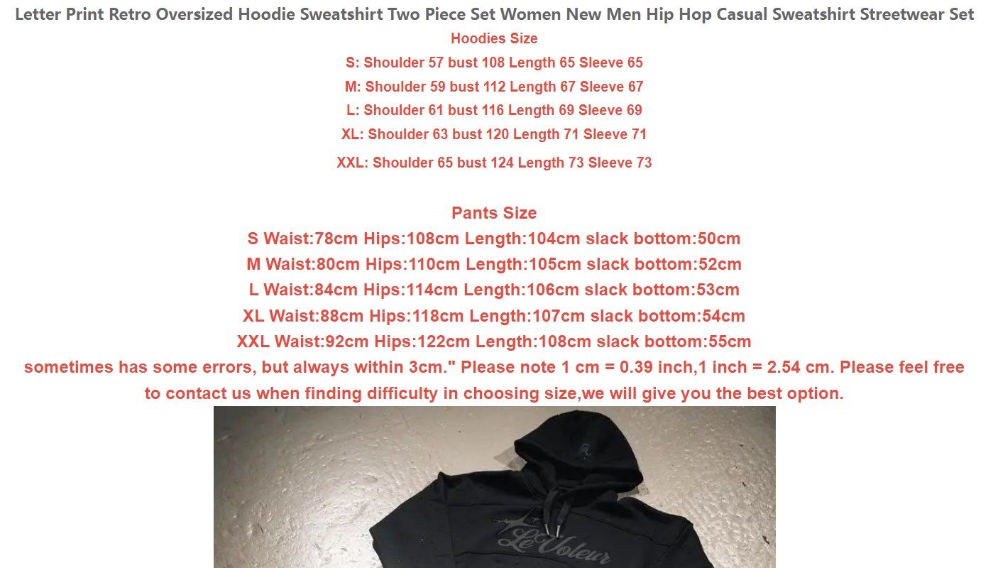 Men's Hoodies Set Letter Print Retro Oversized Hoodie Sweatshirt Two Piece Set Women Men Hip Hop Casual Streetwear