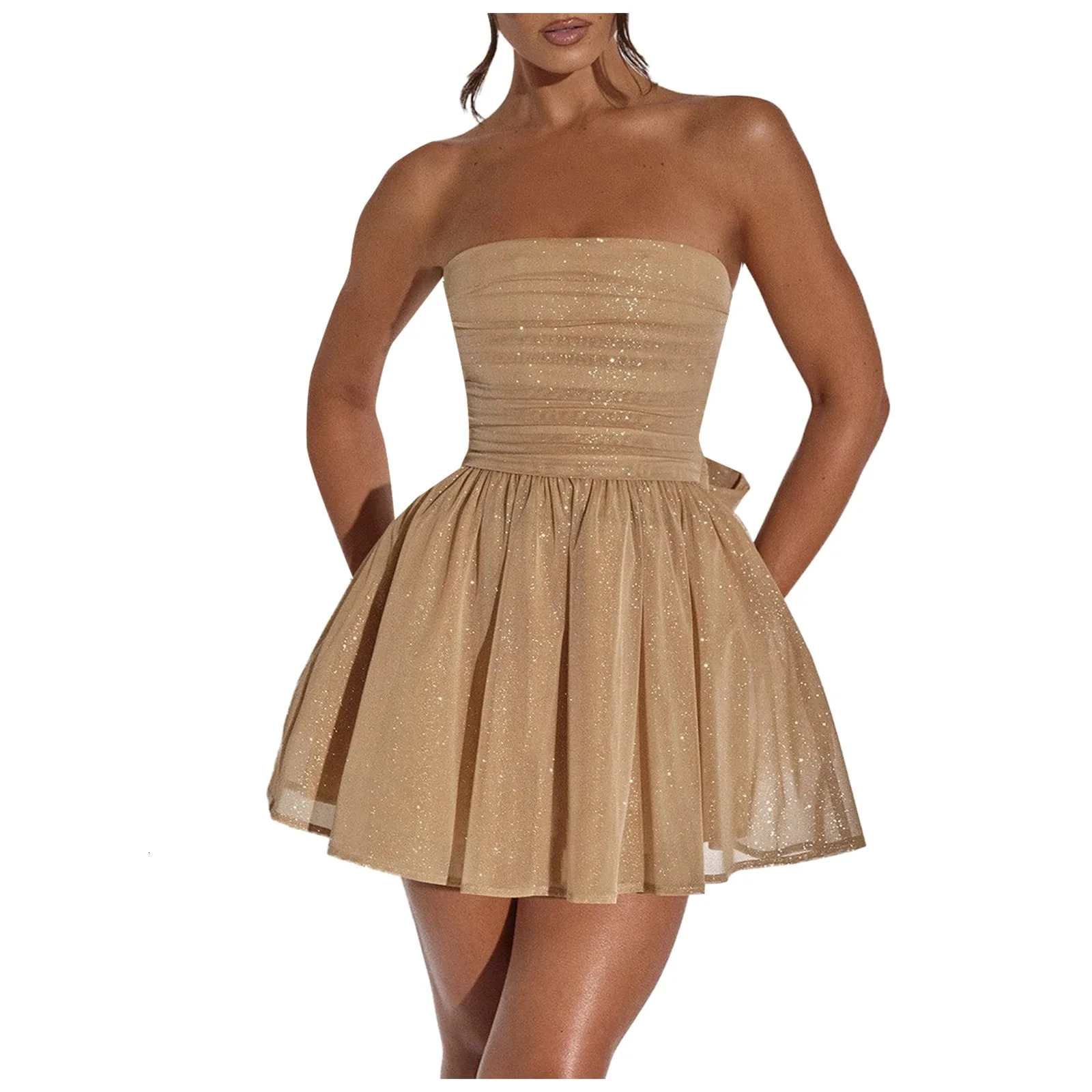 Sparkly Glitter Strapless Mini Dresses For Women Cocktail Party Prom Dress Evening Gowns Bow Backless Elegant Tulle Dresses 250225