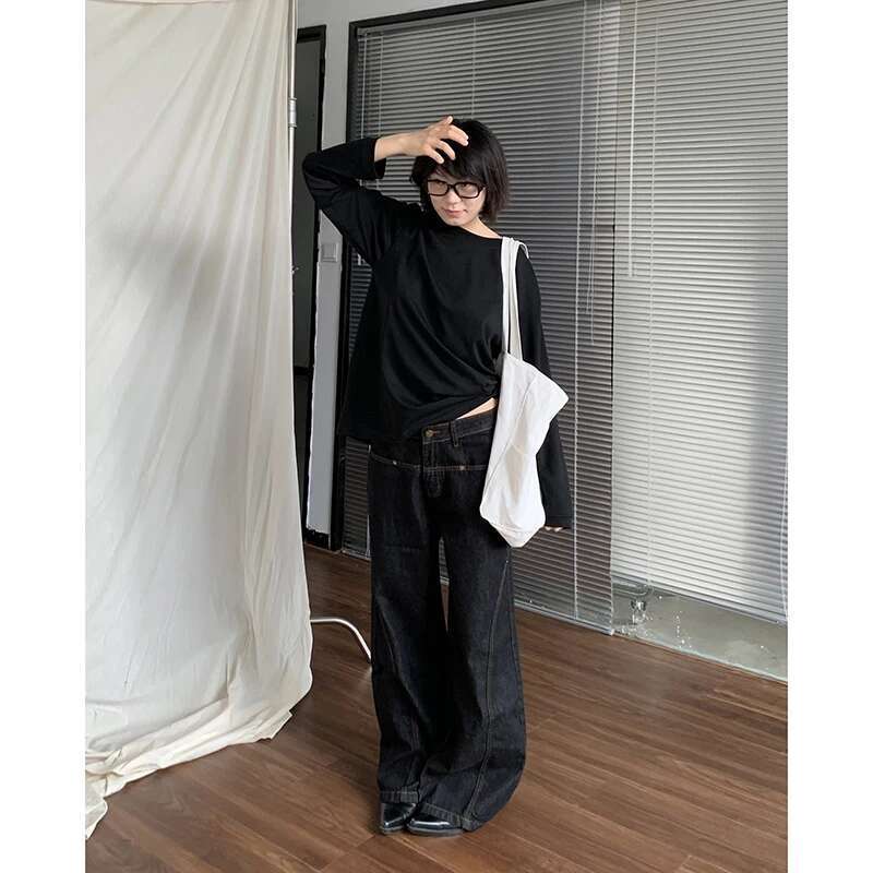 MDNG 2025 Blue Women Jeans High Waist Vintage Straight Baggy Pants Streetwear Y2k American Style Fashion Wide Leg Denim Trouser