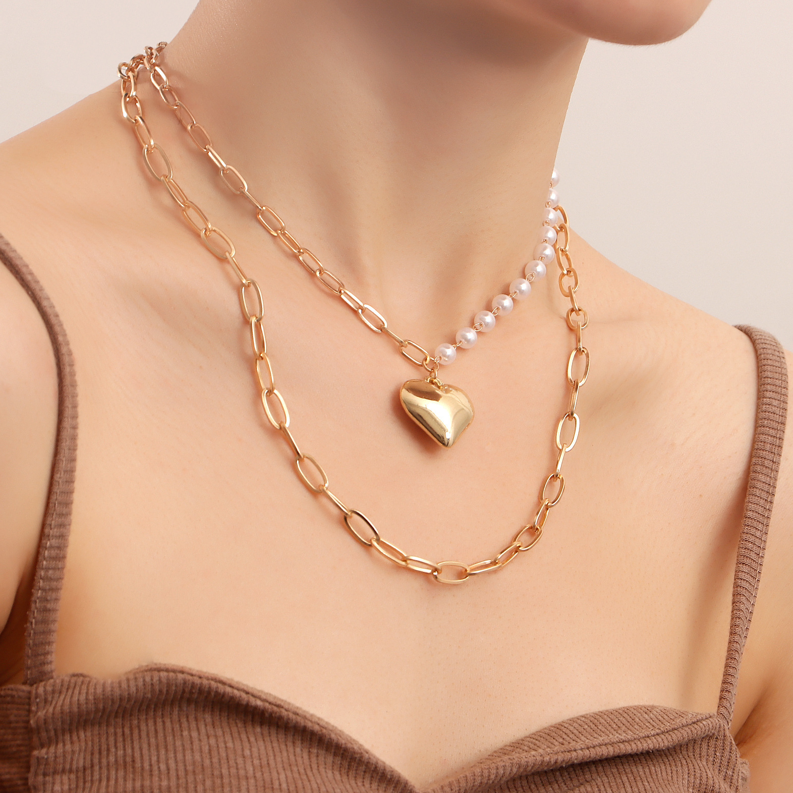 Double geometric large peach heart pendant imitation pearl necklace female ins wind hundred with necklace Europe and the United States punk jewelry