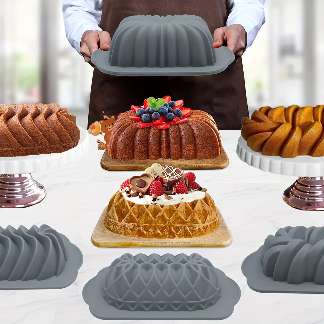 Silicone Bakeware Set Versatile Cake Molds Non-Stick Flower Assorted Shapes Baking Pans Bundt Muffins Chocolates Moulds 250226