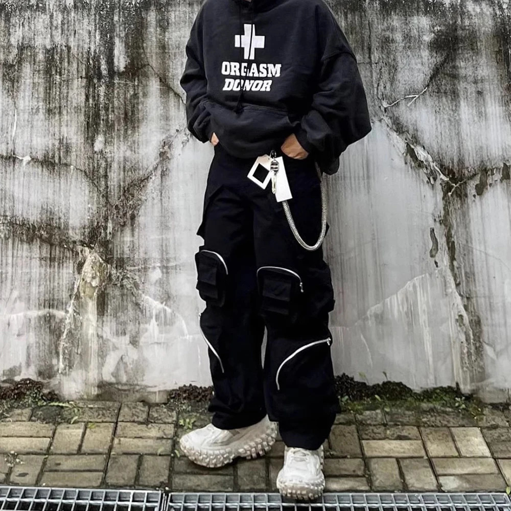 High Street Multi-pockets Functional Wide Leg Cargo Pants Unisex Black Straight Baggy Y2K Overalls Oversized Loose Trousers 250225