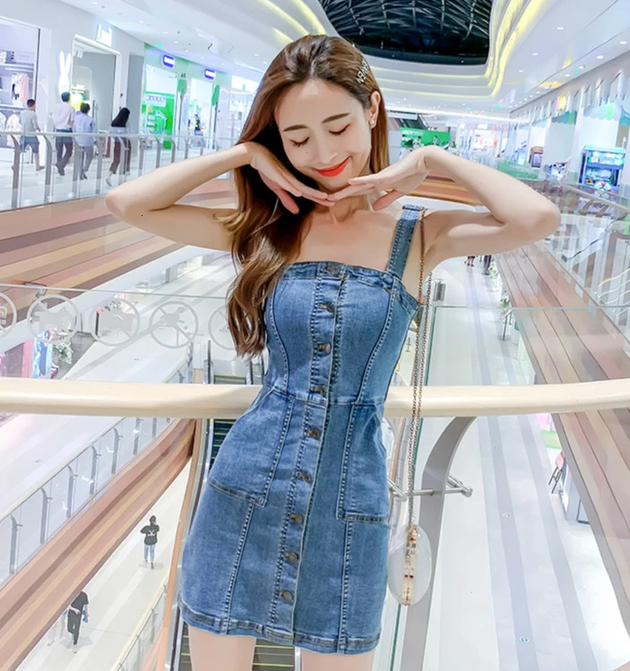 Denim Dress Summer Spaghetti Strap Sundress Vintage Casual Solid Retro Chic Sexy Jeans Button Front Blue Party Dress Women 250225