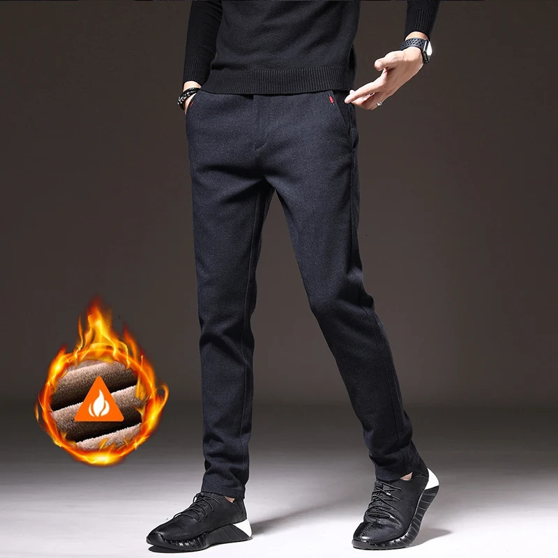 Winter Warm Mens Brushed Casual Pants Business Straight Slim Thick Fleece Trousers Plush Male Clothes 28-38 250226