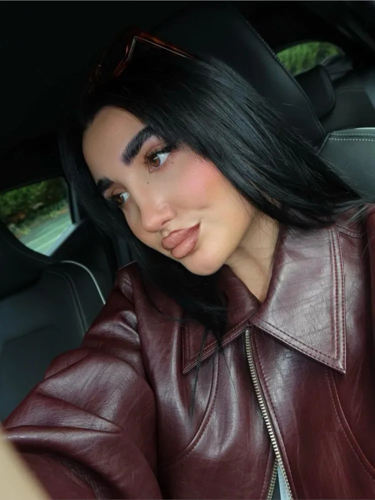 Breasted Pocket PU Leather Jacket Lapel Maillard Women Motorcycle Leather Coat Vintage Spring Autumn Commute Short Overcoat Top 250225