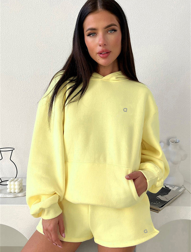 A- Hoodie solid color long sleeve hoodie two-piece women's fashion casual shorts suit
