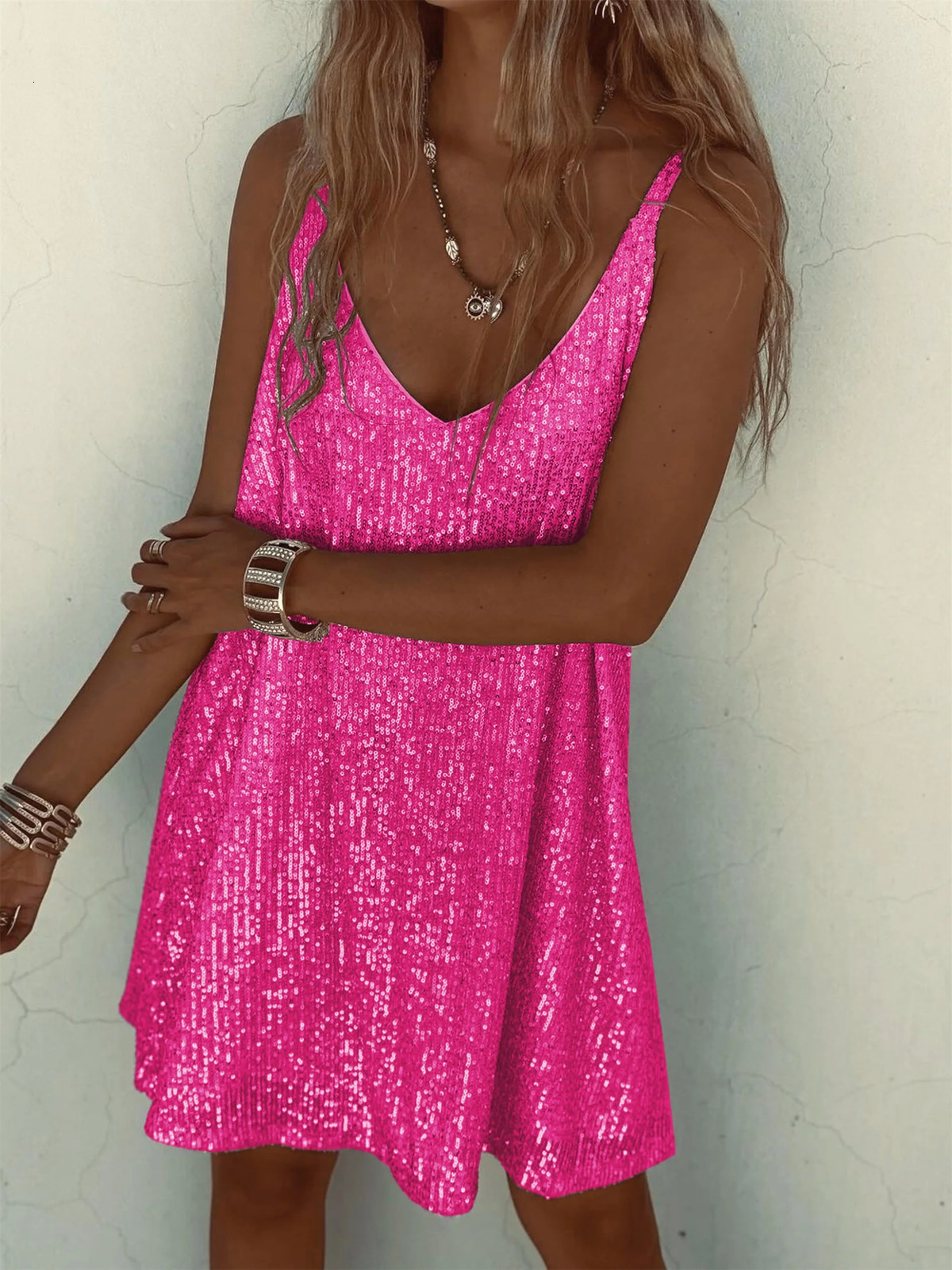 Sexy Womens Glitter Sequin Dress Spaghetti Strap V Neck Party Cocktail Sparkly Mini Dress Shine Clubwear 250225
