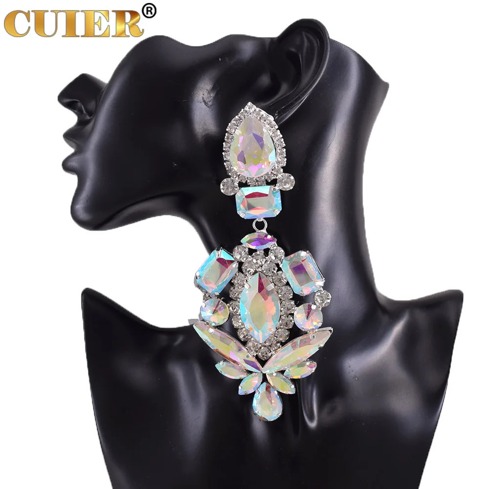 Clip on Huge Size Glass Strass Crystal Dangle Long Earring for Drag Queen Women Wedding Jewelry Heavy Stage Accessories 250225