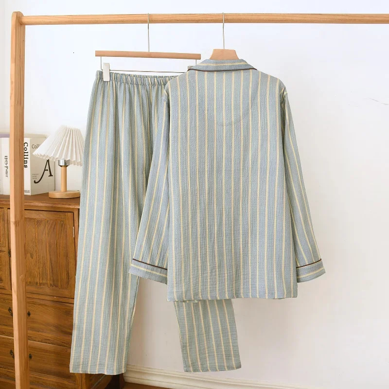 Mens pajamas two-piece set suitable for spring 100% cotton crepe fabric vertical stripes long sleeved pants family set 250225