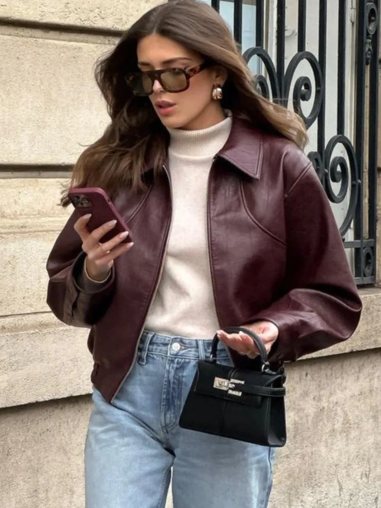 Breasted Pocket PU Leather Jacket Lapel Maillard Women Motorcycle Leather Coat Vintage Spring Autumn Commute Short Overcoat Top 250225