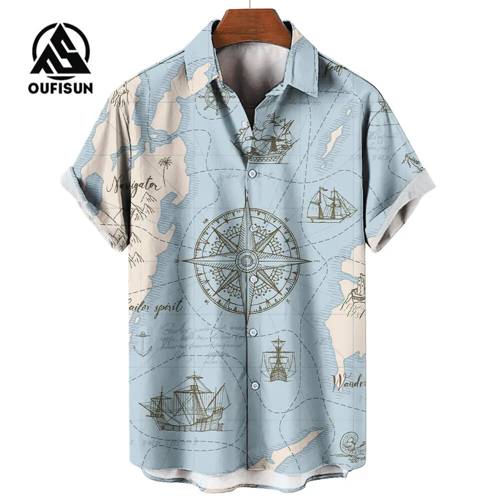 Mens Short Sleeve Shirt Summer Fashion Nautical Compass Anchor Printed Tops Mens Casual Loose Shirts Oversized Size S-5XL 250226