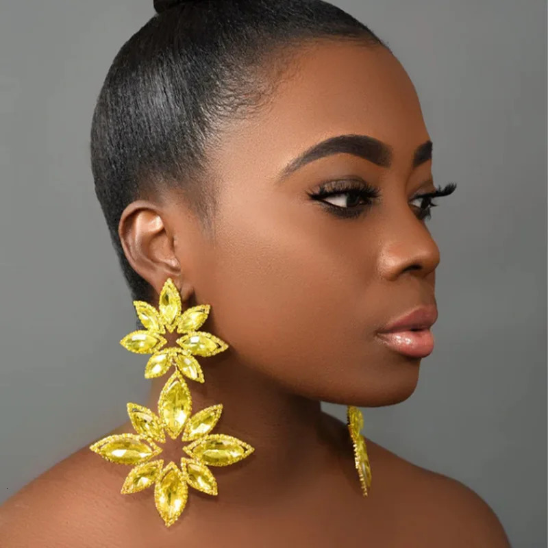 Pageant Statement Jewelry Silver Gold Color Long Big AB Crystal Rhinestone Flower Dangle Chandelier Earrings for Women 250225