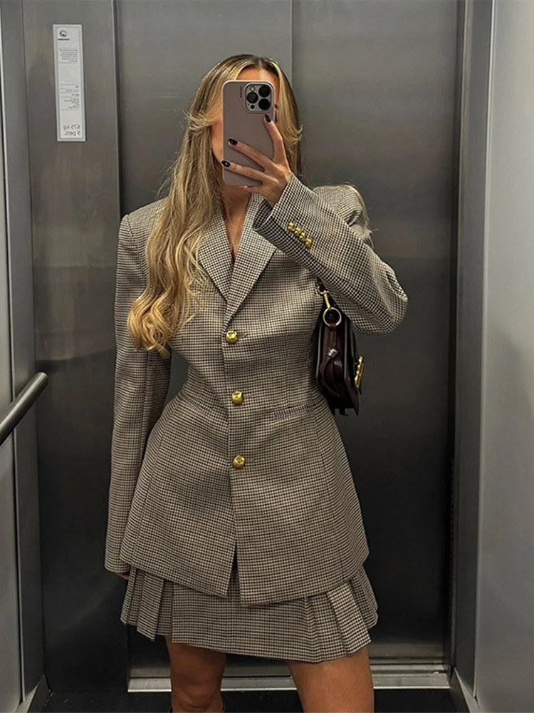 Vintage Khaki Plaid Suit Coat Women Lapel Long Sleeved Button Slim Jacket 2024 Fashion Commute High Street Female Outerwear 250225