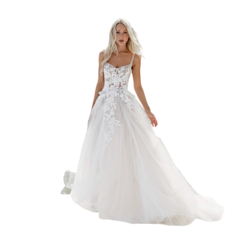 Bohemian Spaghetti Strap Backless A-Line Wedding Dress with Lace Appliques 2025 Collection Beach Tulle Bridal Gowns