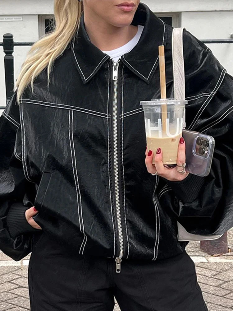 Women Zipper Leather Bomber Jackets Coats Oversized Contrast Stitch Lapel Long Sleeve Jacket Motorcycle 2024 Autumn Outwear Tops 250225