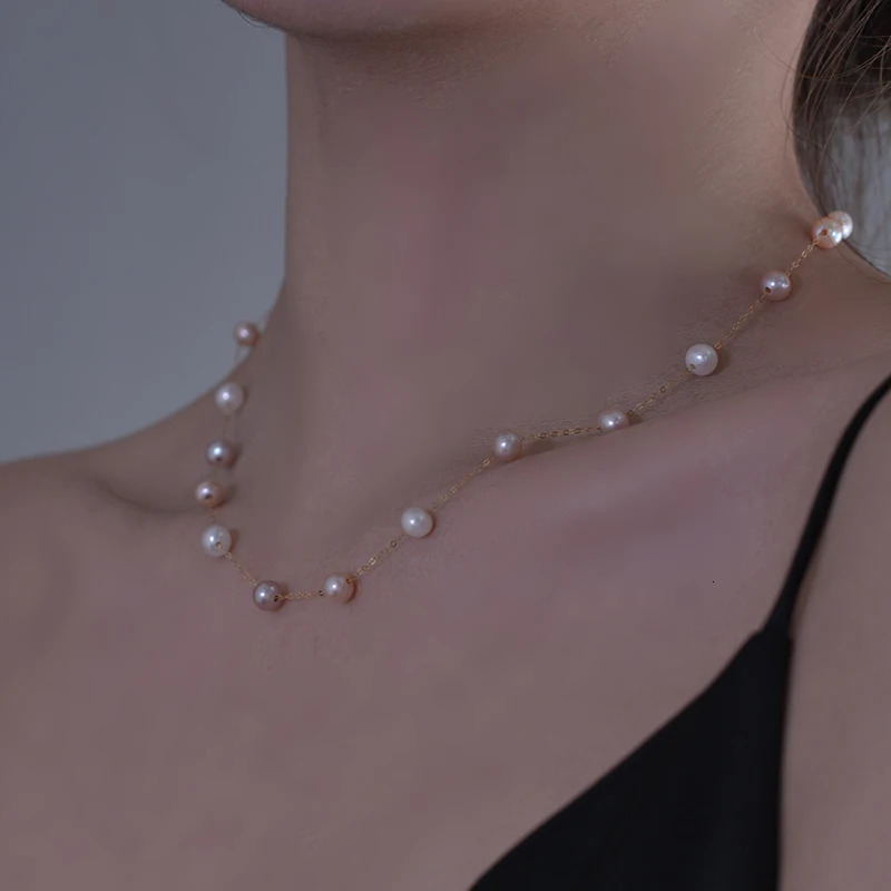 Real 18K Yellow Gold Natural Pearl Necklace Pendant Au750 Fine Jewelry Near Round Aniversary Gift For Women Mix ColorX321 250222