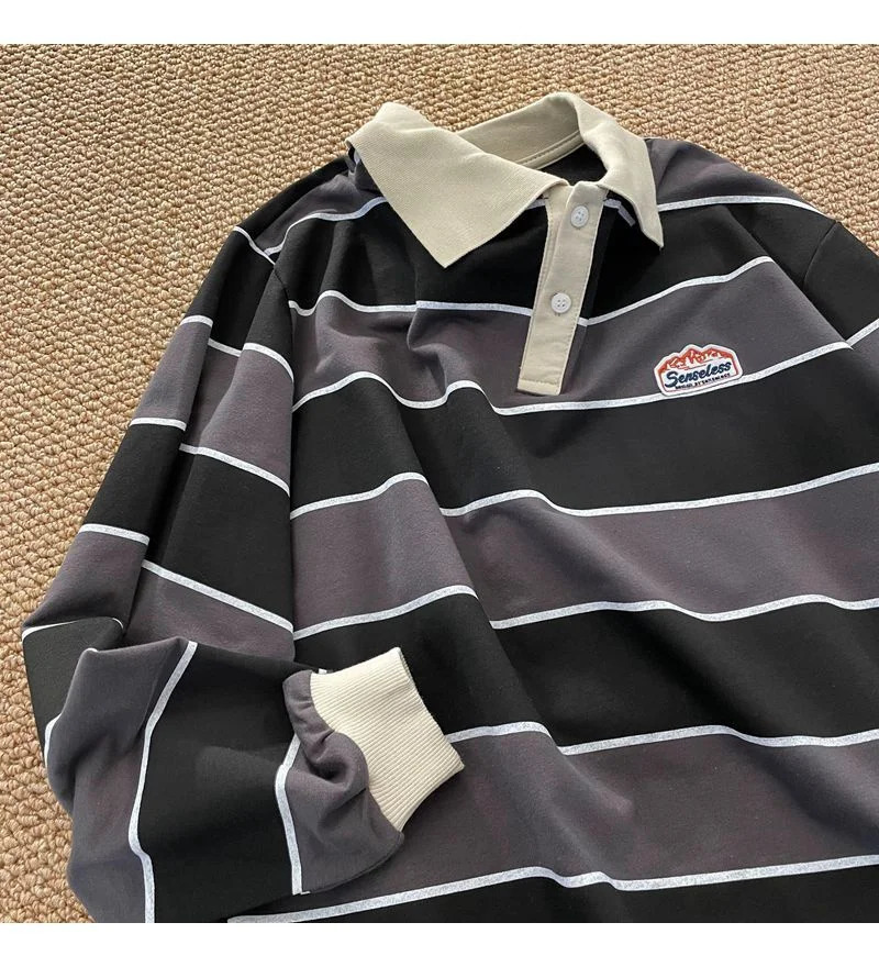 Japan Retro Striped Long-sleeved POLO Shirt Top Men Women Loose Trend Couple BF Lapel Sweatshirt Preppy Hip Hop Cool Shirts 250225