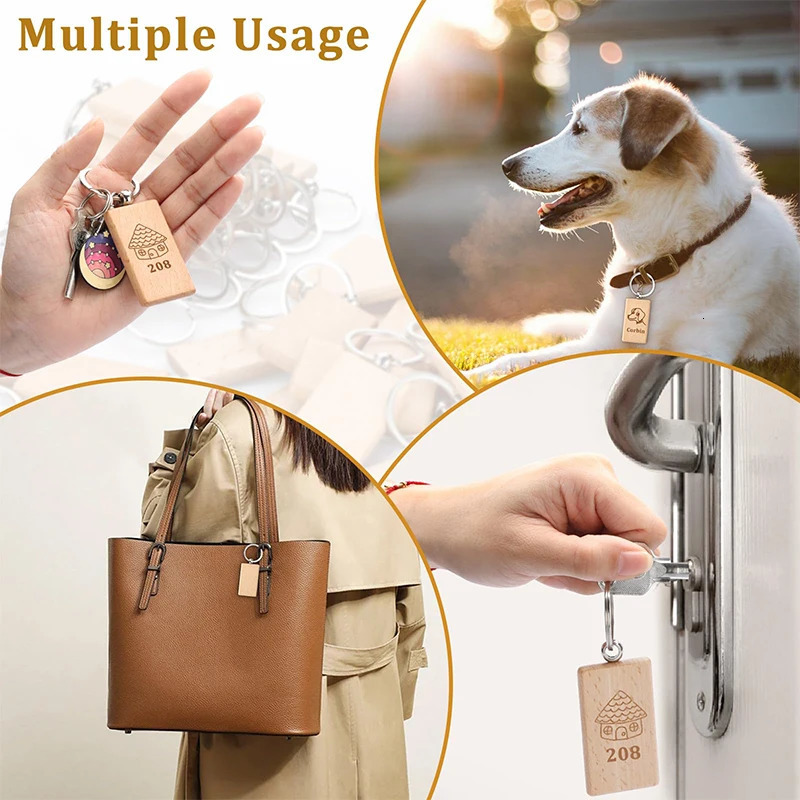 100Pcs Rectangular Wood Keyring Wooden Keychain 250221