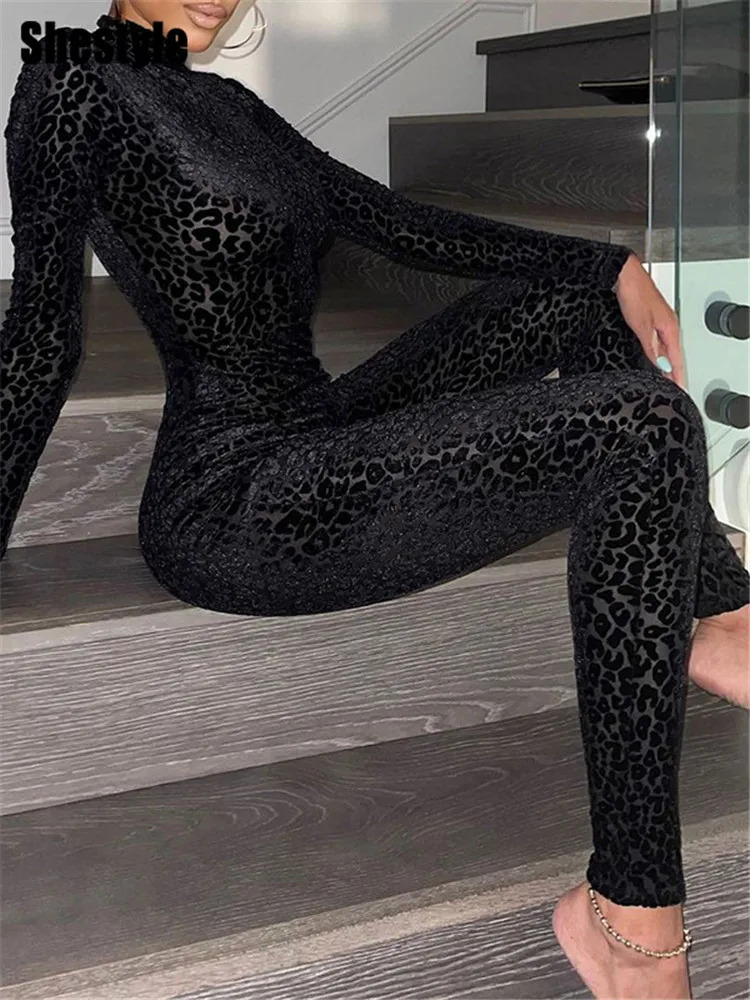 Shestyle Leopard Transparent Jumpsuits Women Skinny Back Zip Mock Neck Black Sexy Animal Print Slim Clubwear Fitness 250224
