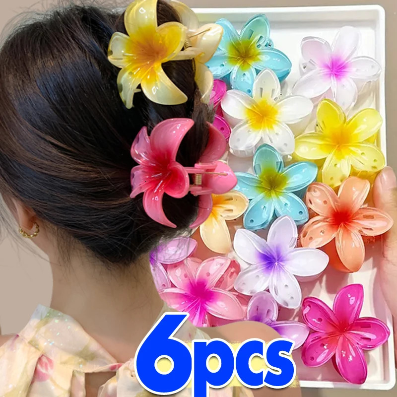 6Pcs Hawaiian Gradient Hair Clips Flower Claws Small Size Fashion Headwear Hairpin Crab Barrette Accessories for Women 250218