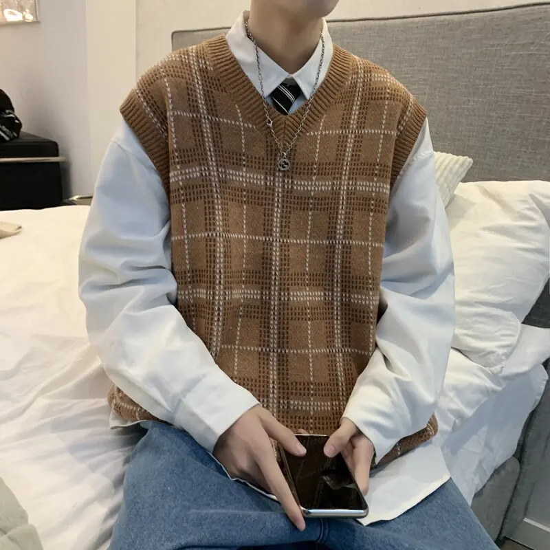 Autumn and winter Vneck thick knitted vest for men loose casual long sleeved sweatless mens top C152 250225