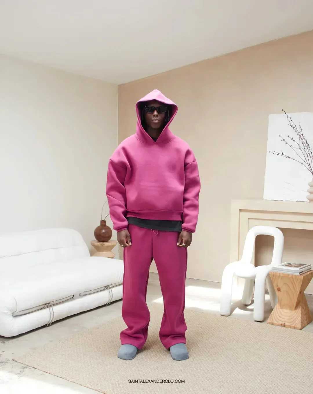 Men's Tracksuits Y2K American Fashion Solid Color Fleece Oversized Sweatshirt Mens Two Piece Harajuku Hip-Hop Gothic Joker Slacks Jogging Pants z