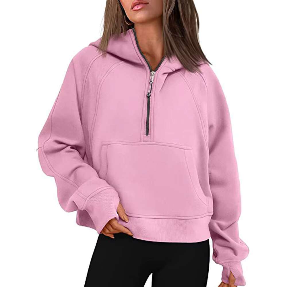 New Fashion Women Girls Fleece Half Zipper High Collar Hooded Sweatshirt Pockets Long Sleeve Solid Color Pullover Casual Hoodie