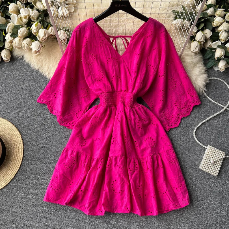 White/Purple/Blue V Neck Summer Lace Embroidery Dress Women Short Sleeves Dresses Female Vintage Party Beach Midi Dresses 250225